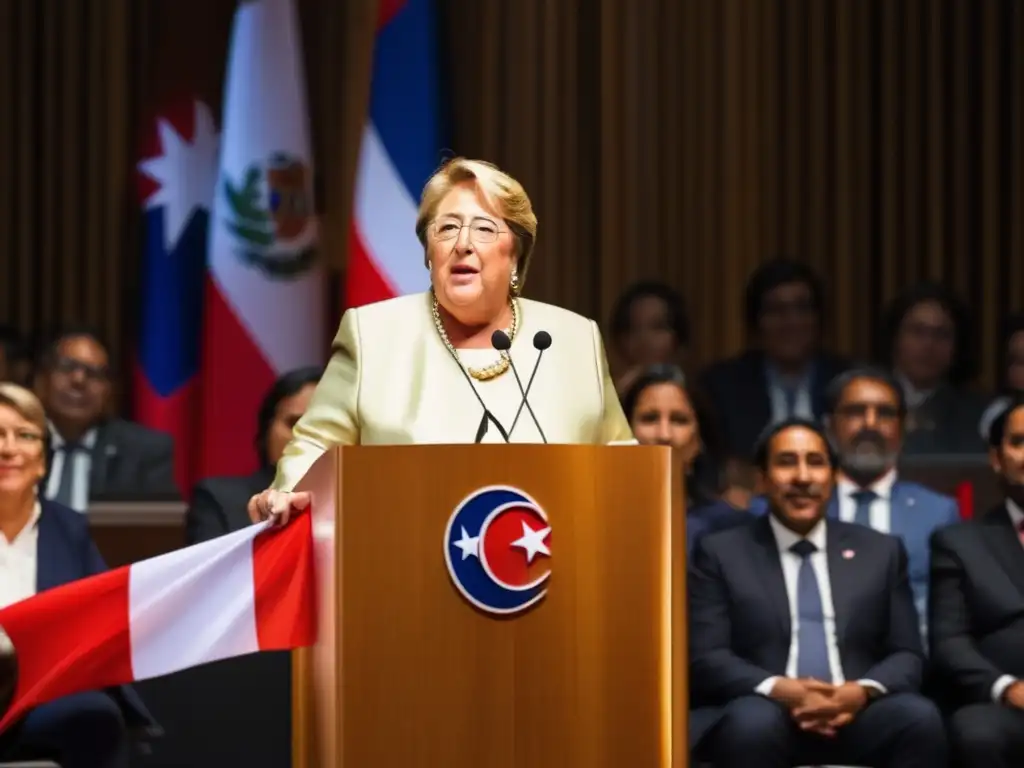 Michelle Bachelet política chilena biografía: Multitud diversa escucha a Bachelet, quien irradia confianza y liderazgo desde el podio con la bandera de Chile