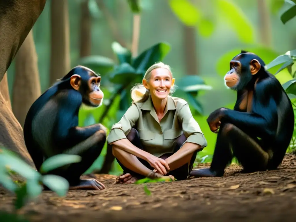 En la biografía de Jane Goodall, chimpancés curiosos y juguetones rodean a la joven en la exuberante selva de Gombe, Tanzania