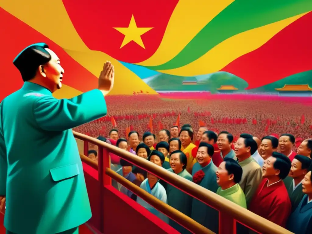 Mao Zedong revolución china filósofo habla apasionadamente a una multitud con colores vibrantes y energía revolucionaria