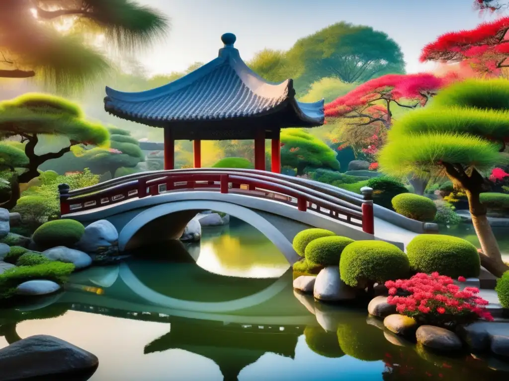 Un jardín chino tranquilo con un estanque, puentes de piedra y bonsáis, evocando las enseñanzas de Confucio en la cultura oriental
