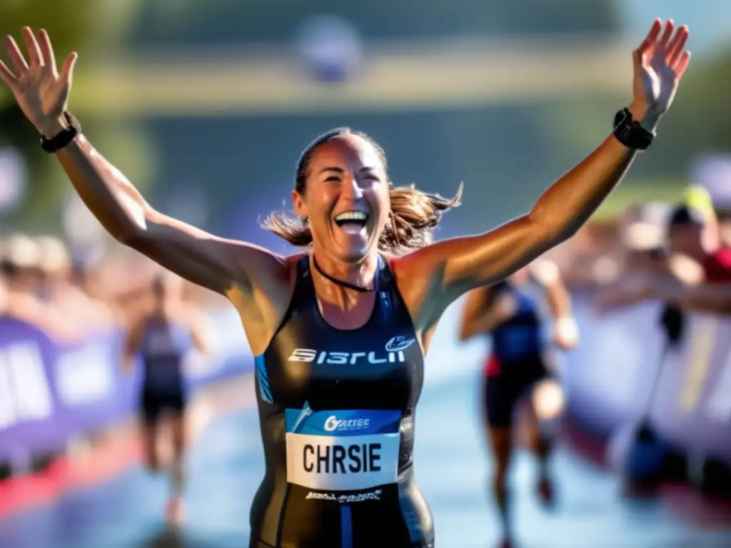Chrissie Wellington cruzando la meta del triatlón con influencia en la comunidad