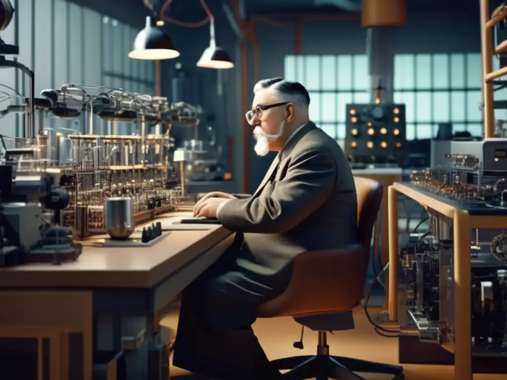 Norbert Wiener cibernética: en su laboratorio, rodeado de maquinaria futurista, reflexiona sobre su revolucionario trabajo en cybernetics