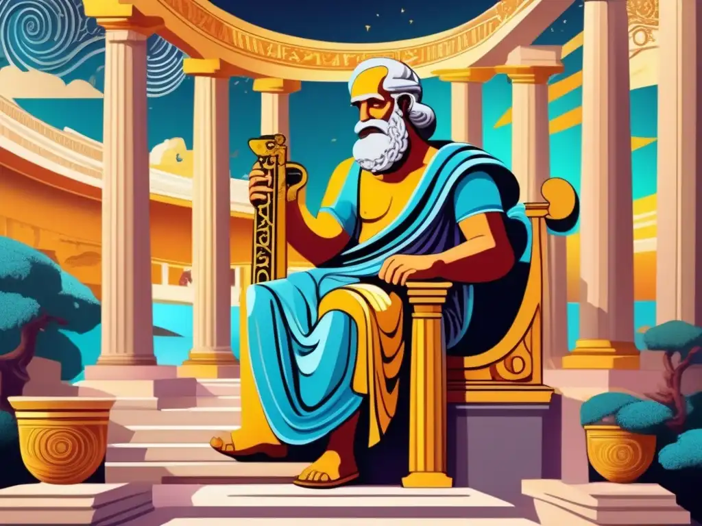 Homero poeta ciego narró épica griega en arte digital moderno, con escenas épicas y entorno griego majestuoso