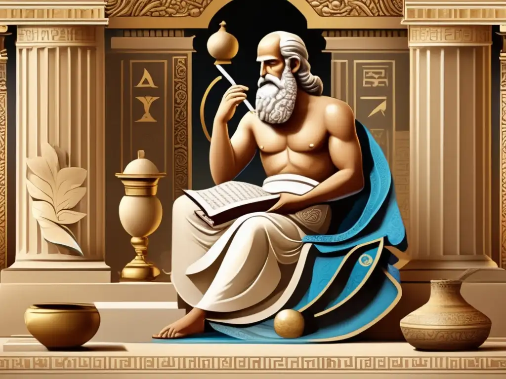 Homero poeta ciego narró épica griega en detallada ilustración digital de ambiente griego antiguo