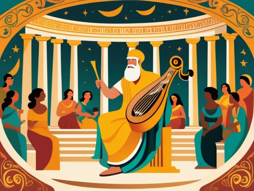 Homero poeta ciego narró épica griega en un teatro griego ornamentado, recitando poesía épica con su lira ante un público cautivado