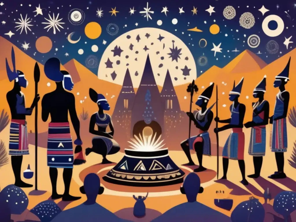 Bajo el cielo estrellado, el anciano Dogon y su tribu celebran un ritual, exhibiendo la cosmología única de los Dogones