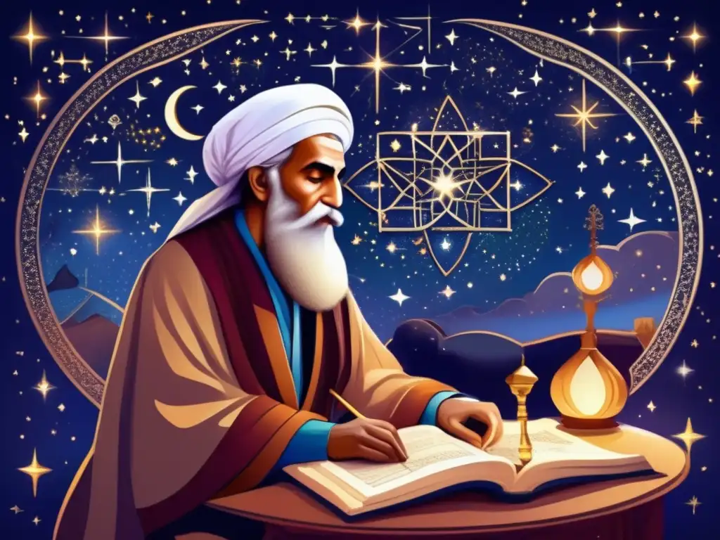 Omar Khayyam sumergido en cálculos bajo el cielo estrellado Bajo un cielo estrellado, Omar Khayyam calcula entre constelaciones