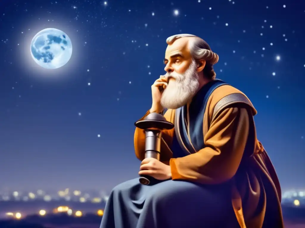 Bajo el cielo estrellado, Galileo Galilei observa el universo con asombro y pasión, reflejando la importancia del legado de Galileo Galilei