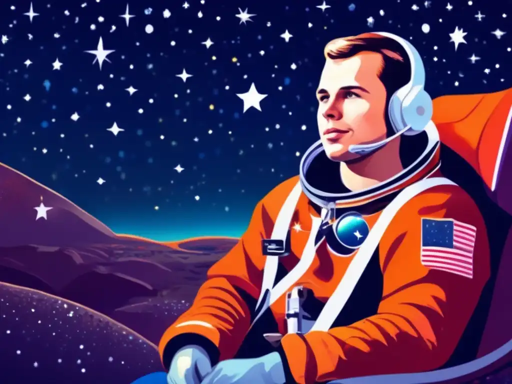 El joven Yuri Gagarin: Mirada estelar al cosmos Bajo un cielo estrellado, el joven Yuri Gagarin contempla el cosmos con determinación y asombro en esta moderna pintura digital de alta resolución