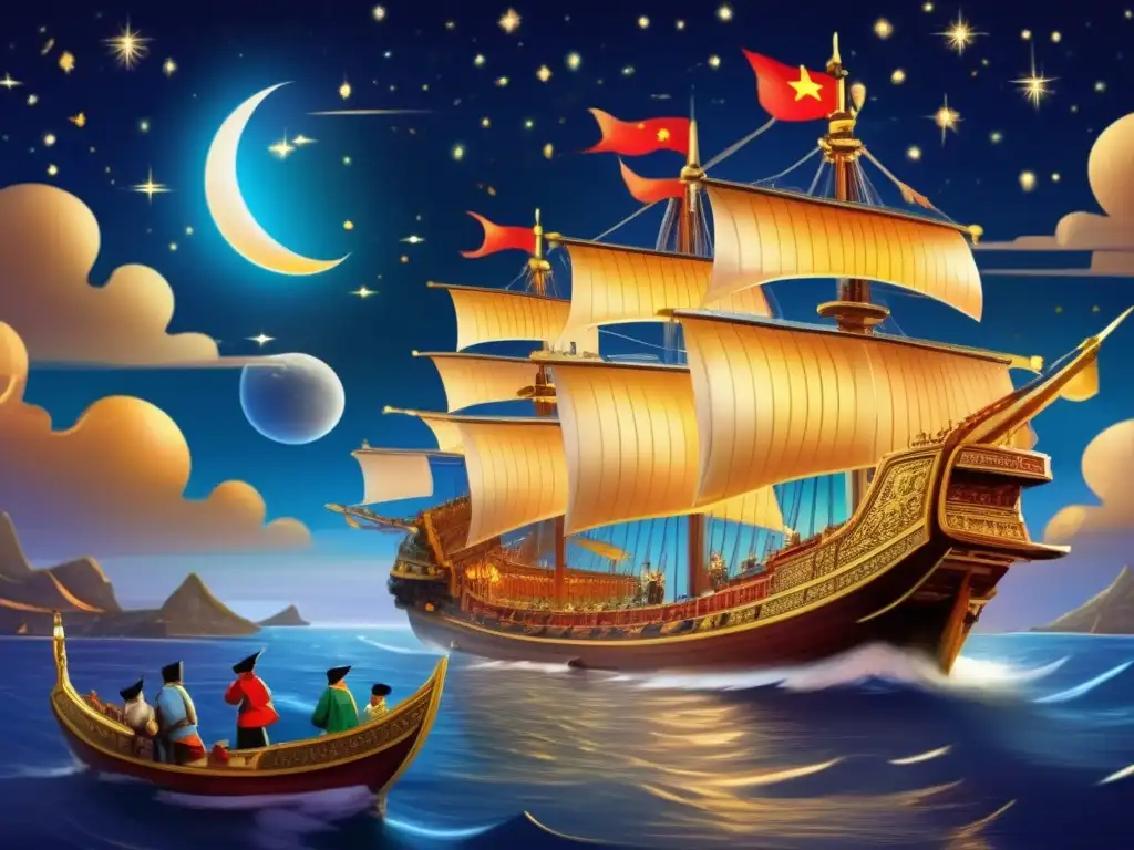 Bajo un cielo estrellado, la majestuosa flota de la expedición de Zheng He navega en el vasto océano