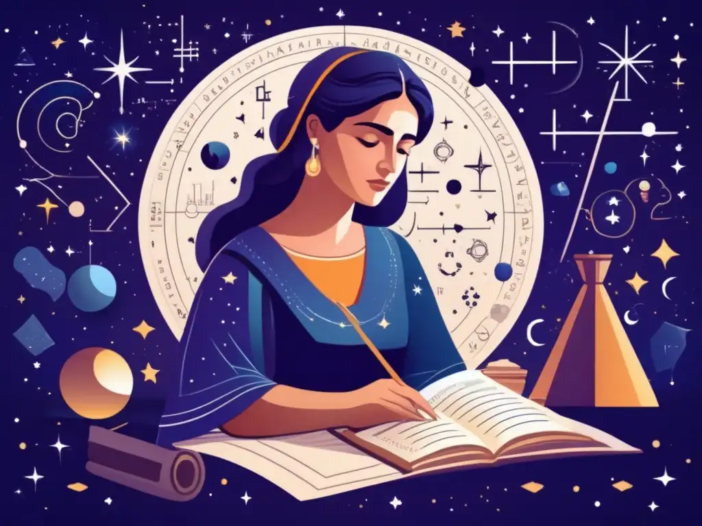 Bajo un cielo estrellado, Hipatia de Alejandría, matemática, calcula serenamente, rodeada de herramientas y símbolos astronómicos