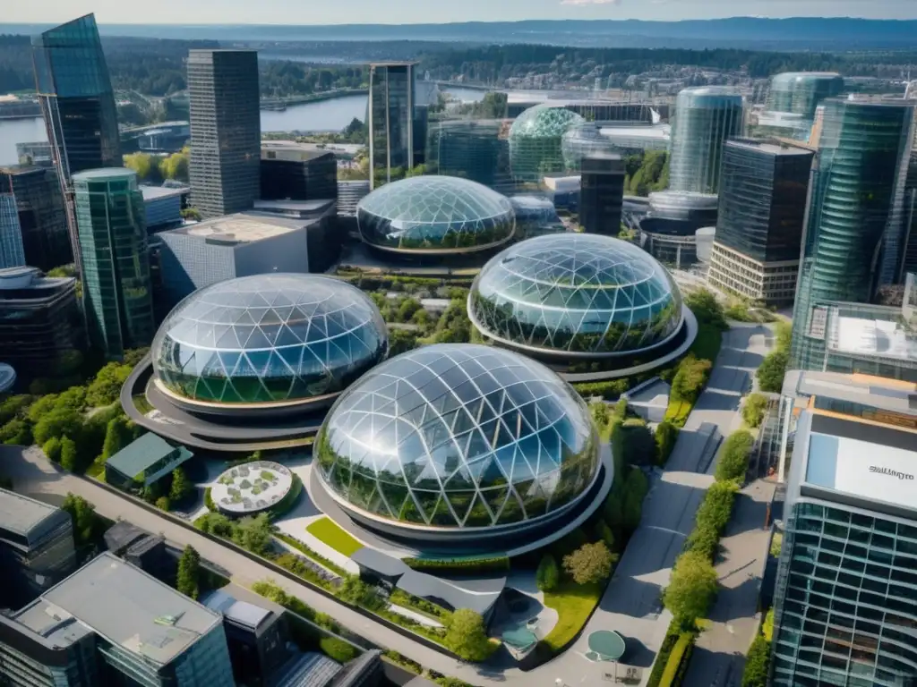 Desde el cielo, la impresionante sede de Amazon en Seattle se destaca, mostrando su arquitectura futurista y las icónicas Esferas de Amazon