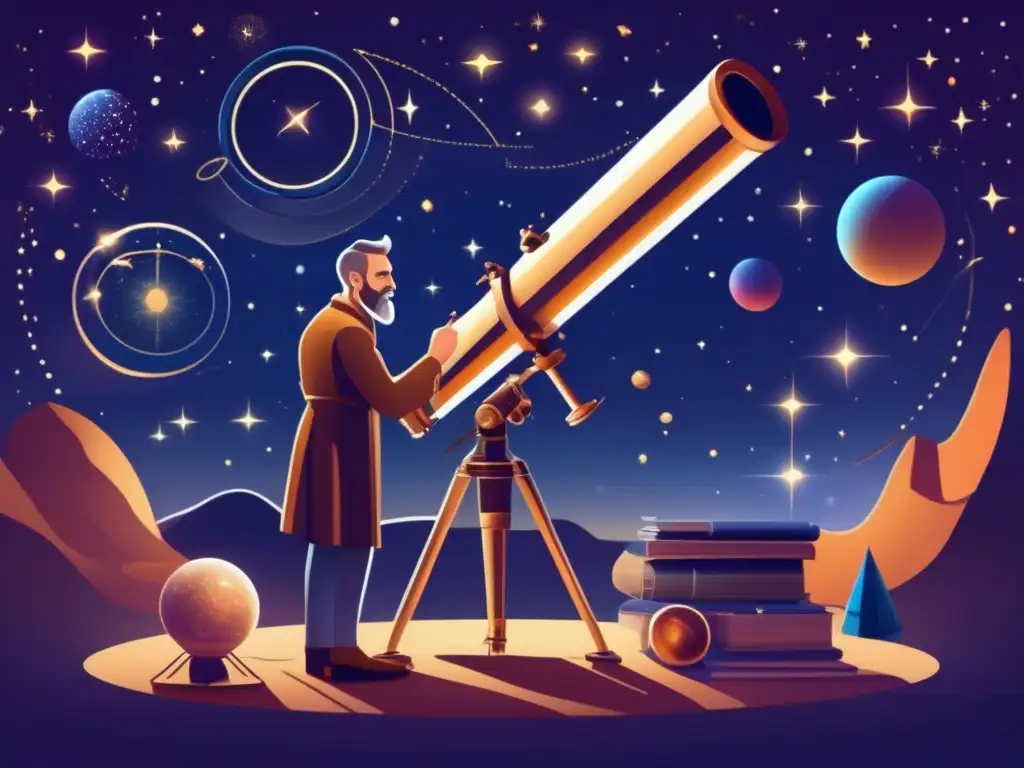 Johannes Kepler observa el cielo nocturno a través de un telescopio, rodeado de instrumentos científicos y cuadernos