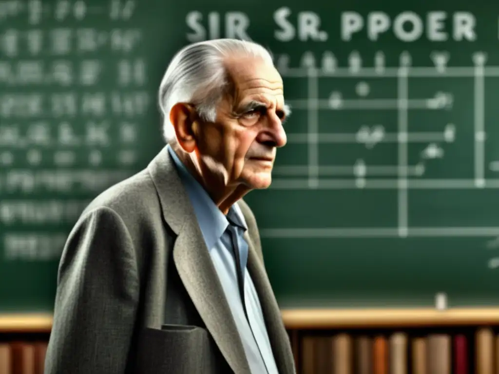 Sir Karl Popper, filósofo de la ciencia, inmerso en pensamientos frente a una pizarra llena de ecuaciones y notaciones