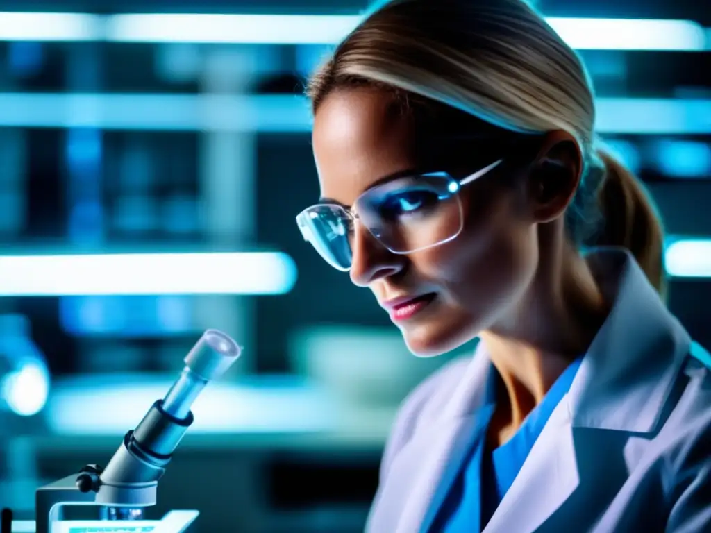 Una científica examina una placa de Petri bajo el microscopio en un laboratorio moderno
