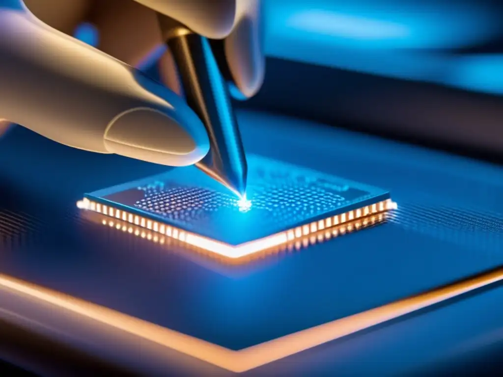Un científico manipula con cuidado un microchip de silicona a nanoescala bajo un potente microscopio electrónico