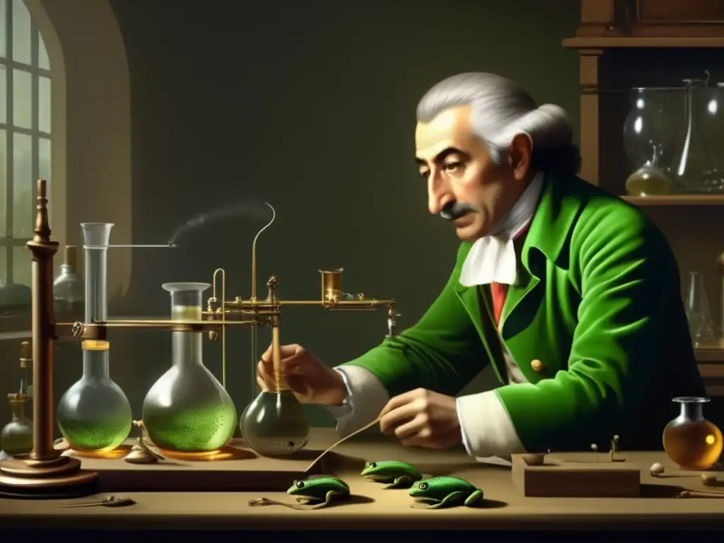 El científico Luigi Galvani realiza experimentos con patas de rana en su laboratorio, destacando su descubrimiento de la bioelectricidad