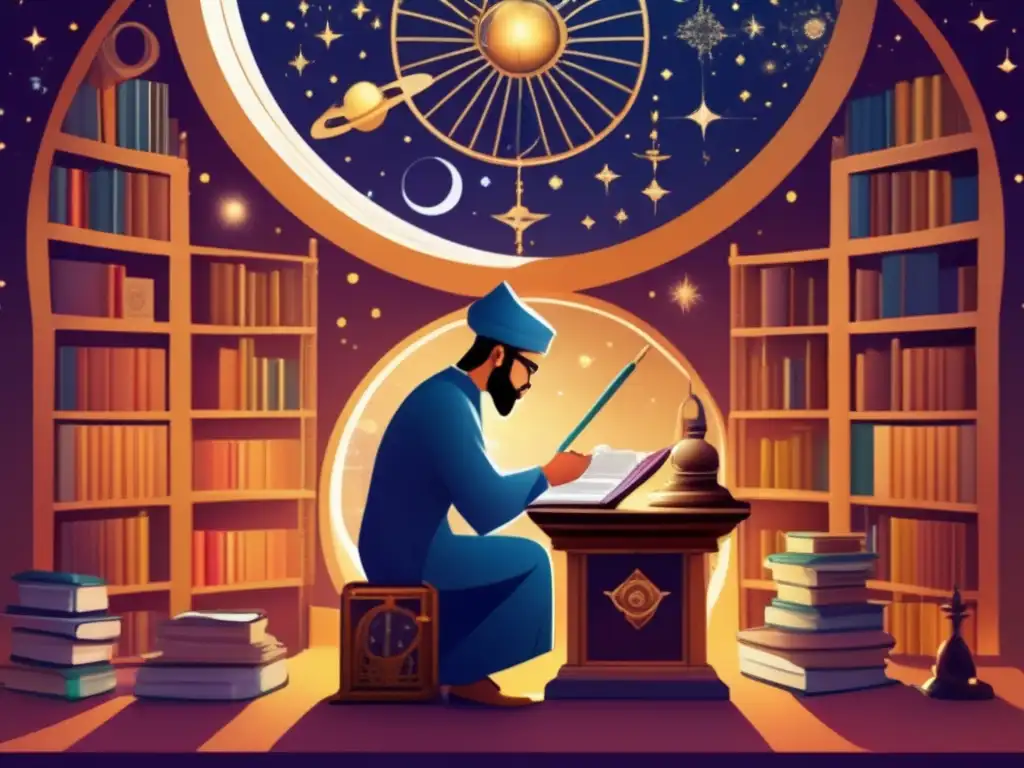 Explorador AlBiruni estudiando un astrolabio en su observatorio islámico AlBiruni, científico islámico, estudia un astrolabio en su observatorio, rodeado de libros y instrumentos científicos