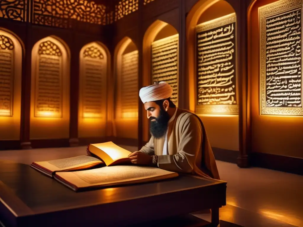 AlBiruni inmerso en el conocimiento: estudio meticuloso bajo la luz tenue AlBiruni, científico islámico, estudia manuscritos antiguos bajo la suave luz de una lámpara ornamental, creando una atmósfera de búsqueda académica