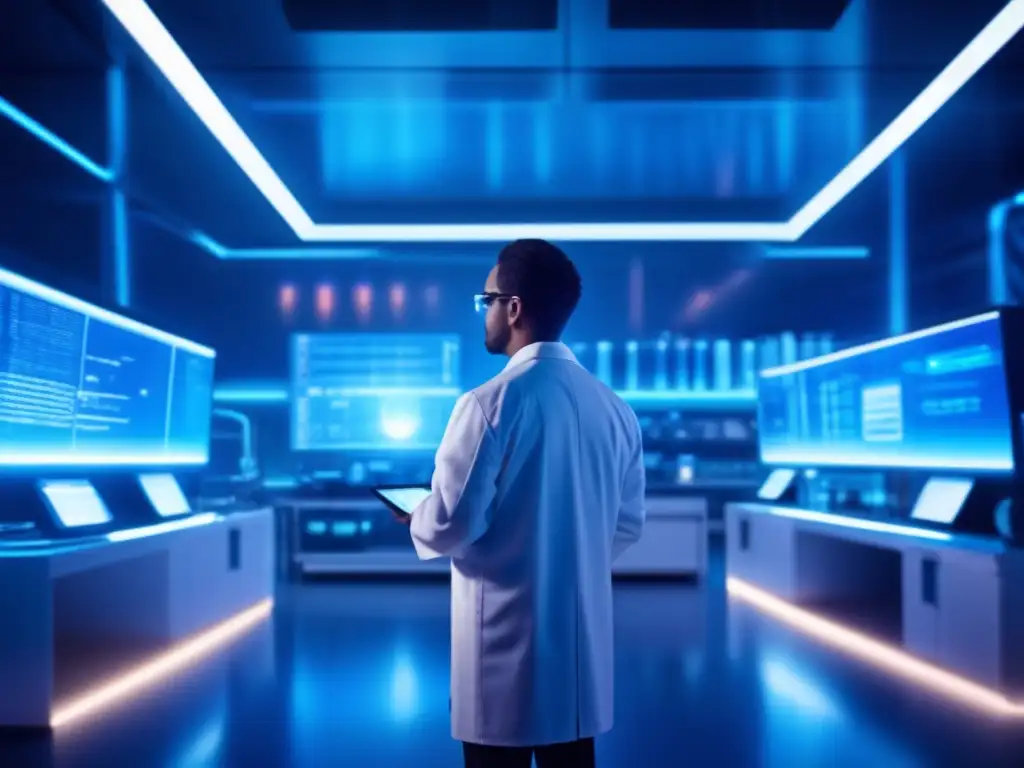 Un científico en un laboratorio futurista con equipos avanzados y pantallas brillantes, creando una atmósfera científica moderna y cautivadora