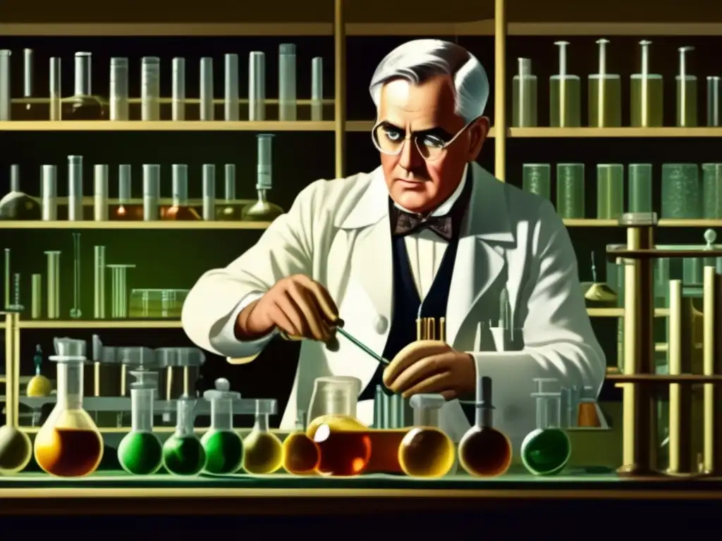 El científico Alexander Fleming descubre la penicilina en su laboratorio, con un ambiente cálido y sombras dramáticas