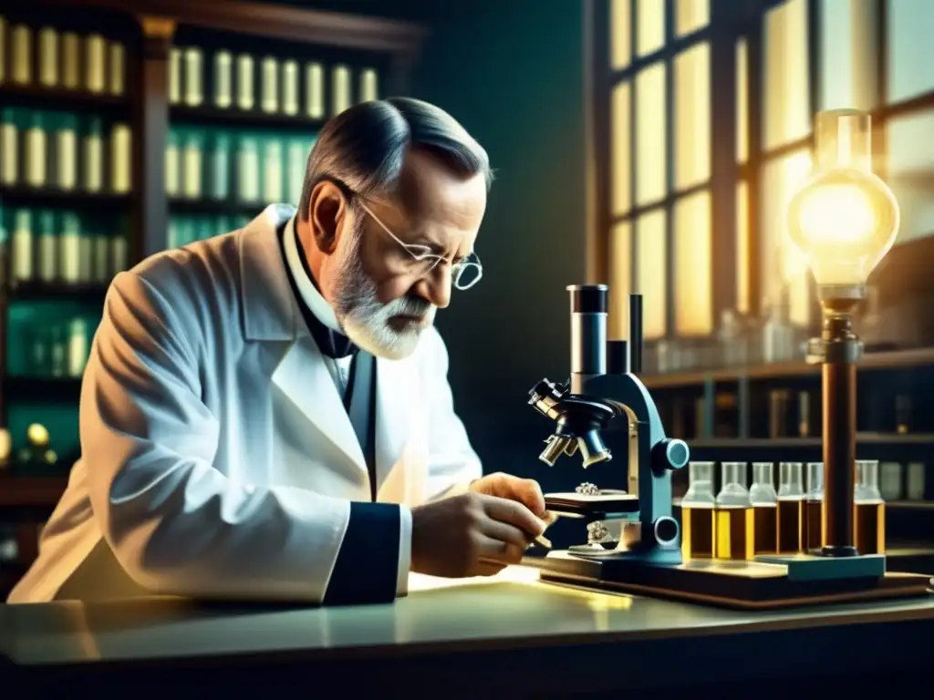 Louis Pasteur, científico pionero, examina microscopio en laboratorio