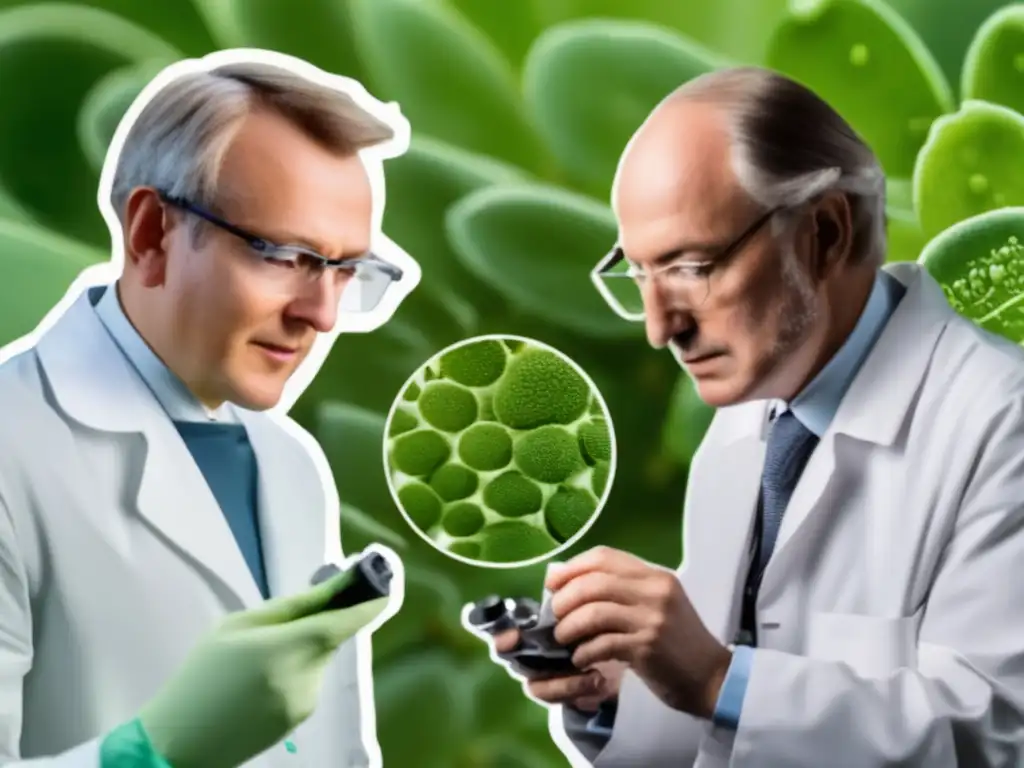 Dos científicos, Matthias Schleiden y Theodor Schwann, examinan células con microscopios, reflejando descubrimientos en biología celular