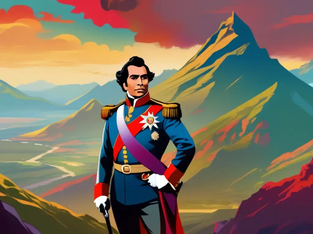 Desde la cima de una montaña, Simón Bolívar gesta libertaria nación con determinación, rodeado de símbolos de lucha y una paleta vibrante