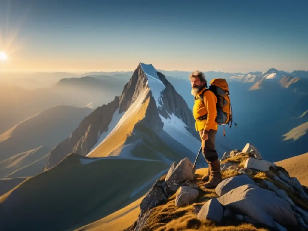 Reinhold Messner en la cima de una majestuosa montaña, representando la transformación del alpinismo