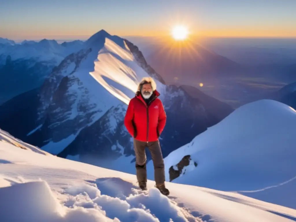 Reinhold Messner en la cima de una montaña nevada al amanecer, transformación del alpinismo