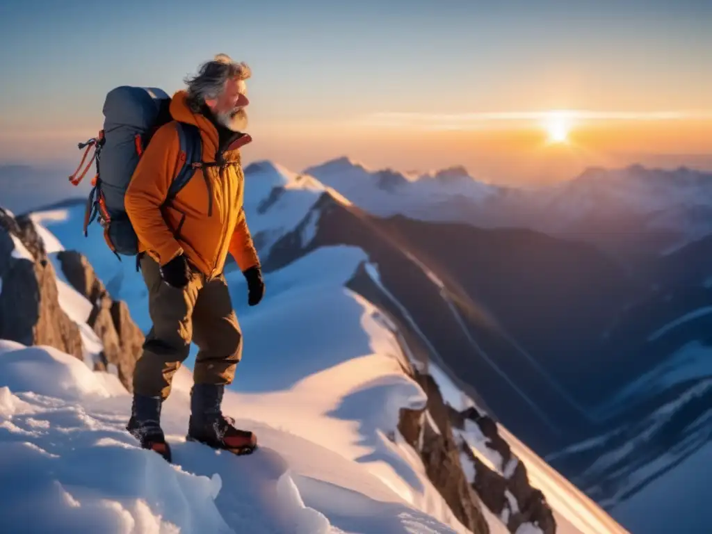 Reinhold Messner en la cima de una montaña nevada al atardecer - Transformación del alpinismo: Reinhold Messner