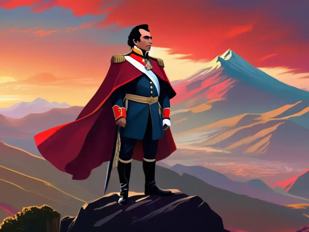 Desde la cima de los Andes, Simón Bolívar contempla el paisaje majestuoso al amanecer