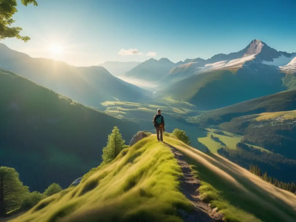 En la cima de la montaña, Arne Naess contempla un paisaje natural impresionante, encarnando la ética ambiental y el ecologismo profundo