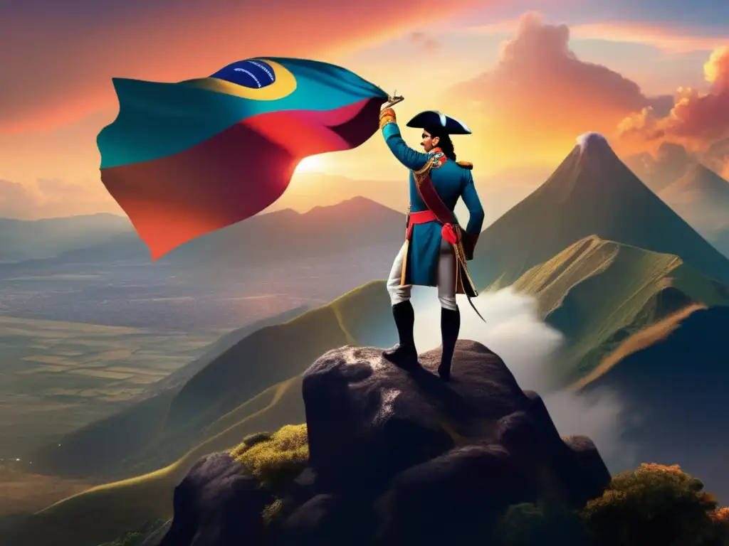 En la cima de una montaña, Simón Bolívar contempla el paisaje sudamericano al atardecer, con determinación y heroísmo