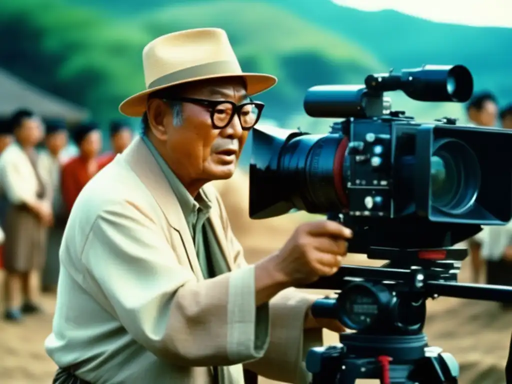 Biografía Akira Kurosawa cine japonés: Imagen impactante de Kurosawa dirigiendo una escena emblemática en el set, con colores vibrantes y una cinematografía impactante que captura la intensidad y el arte de su proceso de filmación