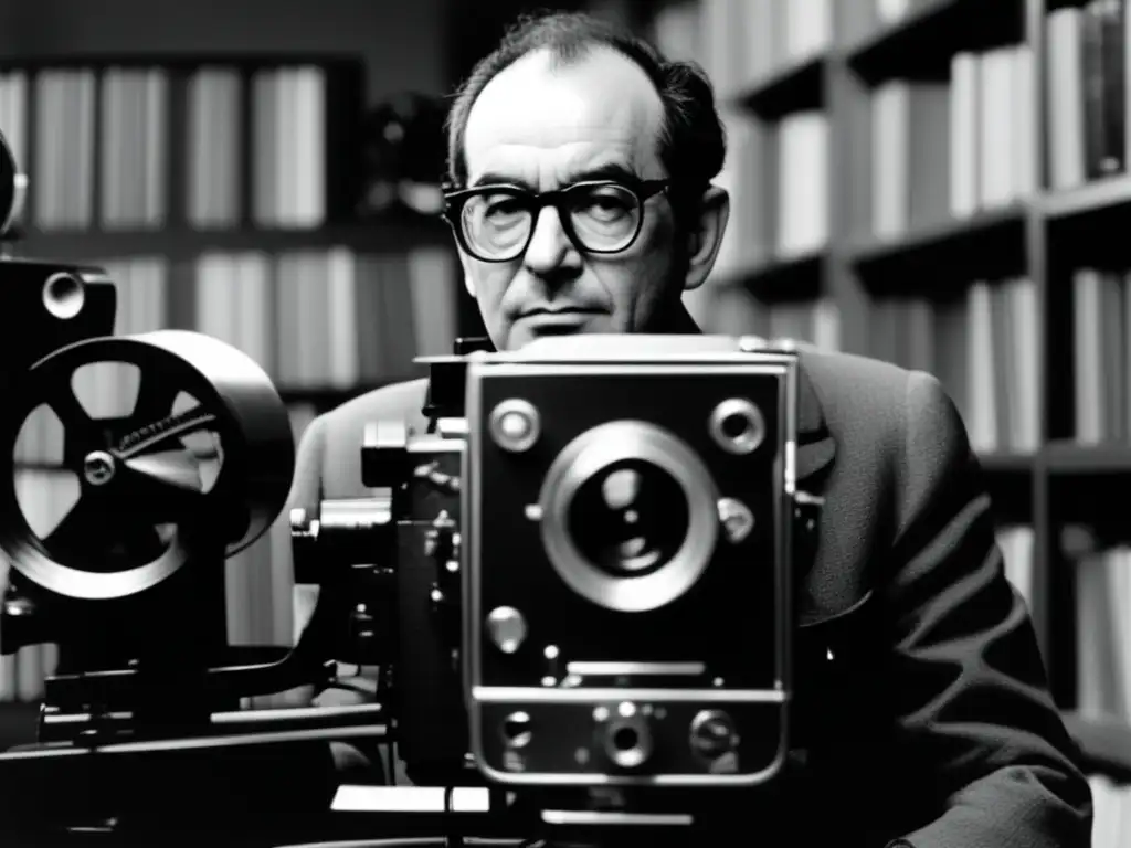 Jean Luc Godard Nouvelle Vague cineasta en su elemento, rodeado de elementos cinematográficos, su mirada intensa fija en la cámara