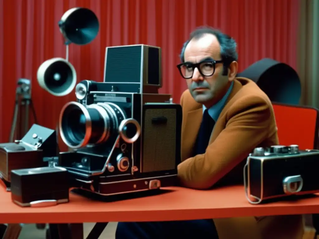 Jean Luc Godard Nouvelle Vague cineasta, sentado detrás de una antigua cámara rodeado de un set de cine