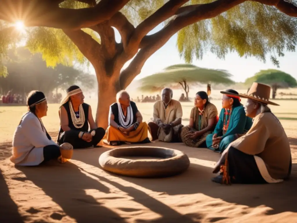 Un círculo de guardianes culturales transición postcolonial, ancianos indígenas intercambiando sabiduría bajo un árbol centenario