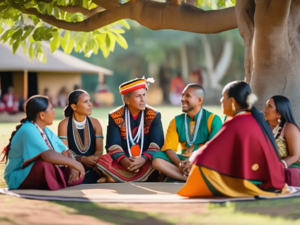 Un círculo de líderes indígenas negocia bajo un árbol, destacando la riqueza cultural