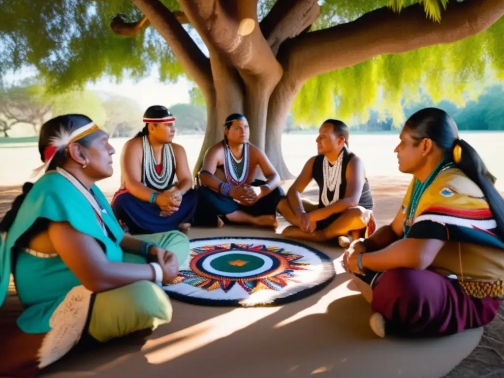 Un círculo de líderes indígenas negocia bajo un árbol, vistiendo atuendos tradicionales