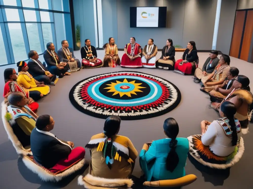 Un círculo de líderes indígenas negocia estratégicamente en atuendos tradicionales, en una atmósfera de respeto y colaboración