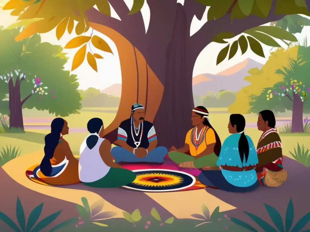Un círculo de líderes indígenas estrategia paz no violenta, enriquecido por la naturaleza y la cultura