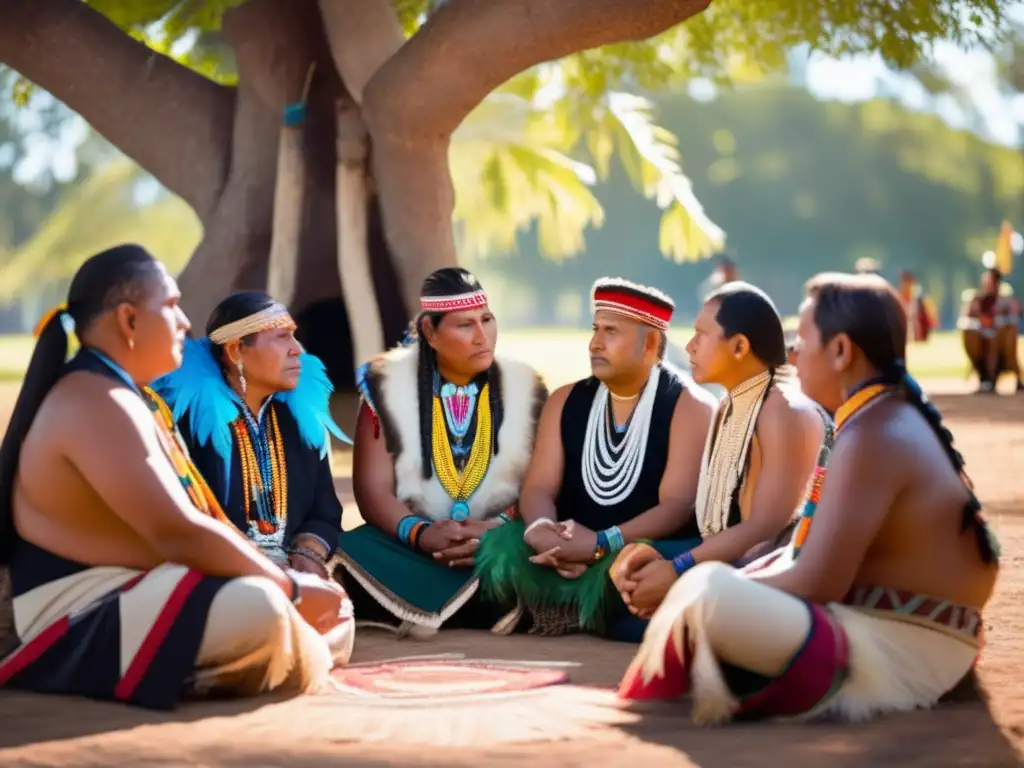 Un círculo de líderes indígenas negociando estrategias bajo un árbol centenario