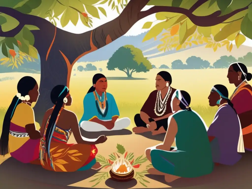 Un círculo de líderes indígenas discutiendo estrategias bajo un árbol centenario