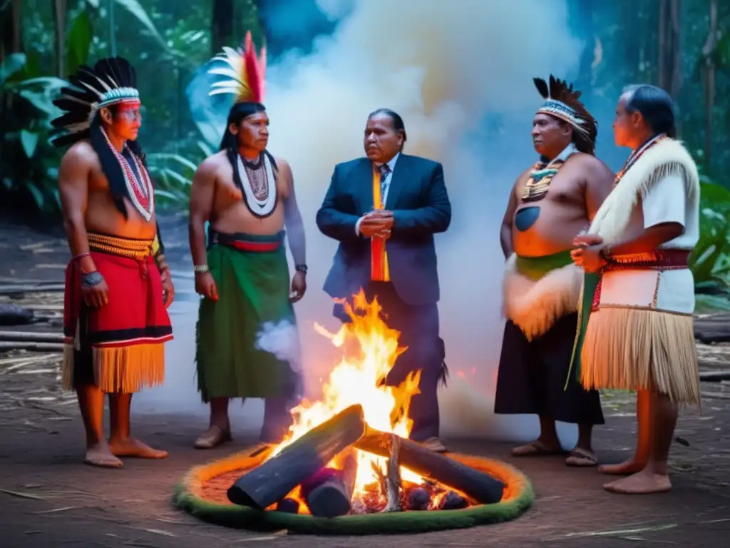 Un círculo de líderes indígenas se reúne alrededor de un fuego central en la exuberante selva, con expresiones de determinación y sabiduría