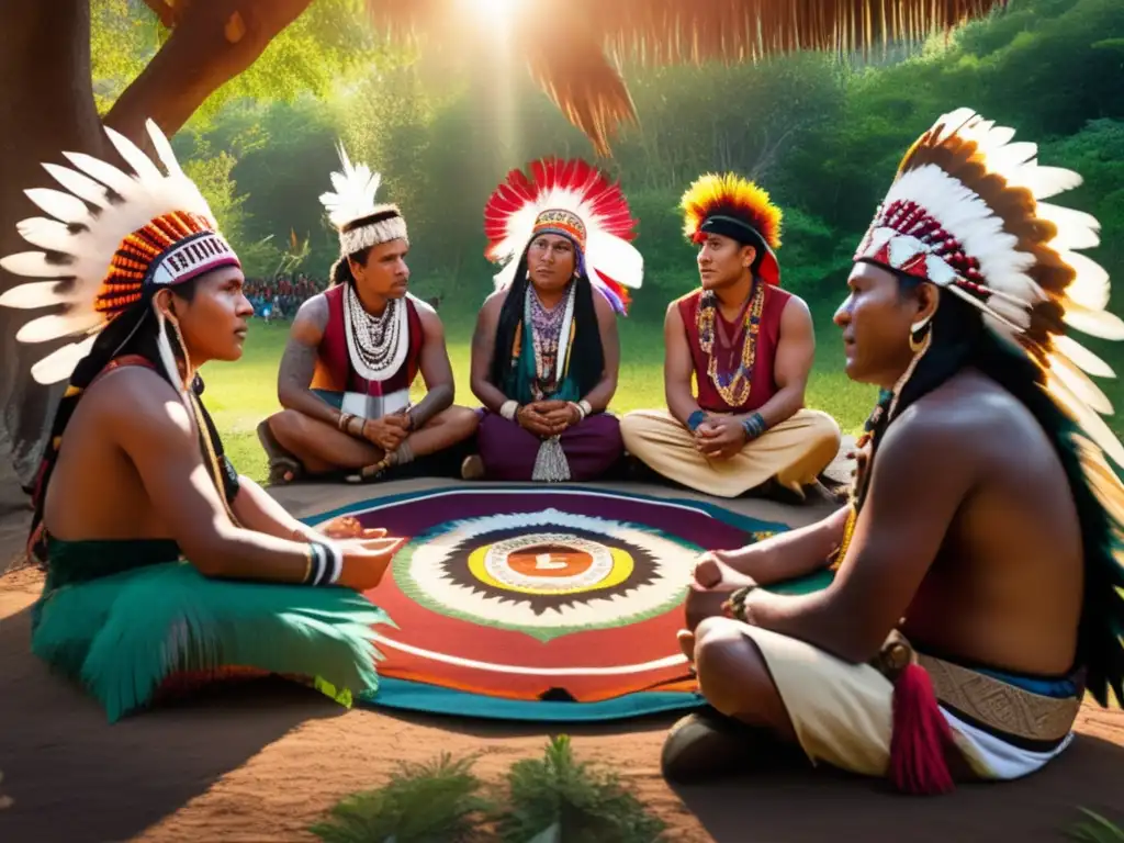 Un círculo de líderes indígenas, vestidos con atuendos tradicionales y plumajes vibrantes, discuten animadamente en su idioma nativo