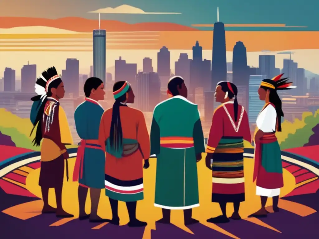 Un círculo de líderes tribales con trajes coloridos en profunda discusión, contrastando con la ciudad