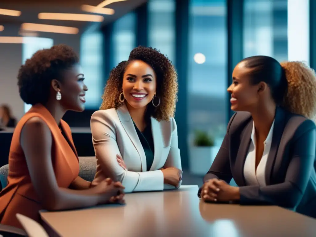 Un círculo de mujeres diversas en una conversación profunda, transmitiendo empatía y cuidado