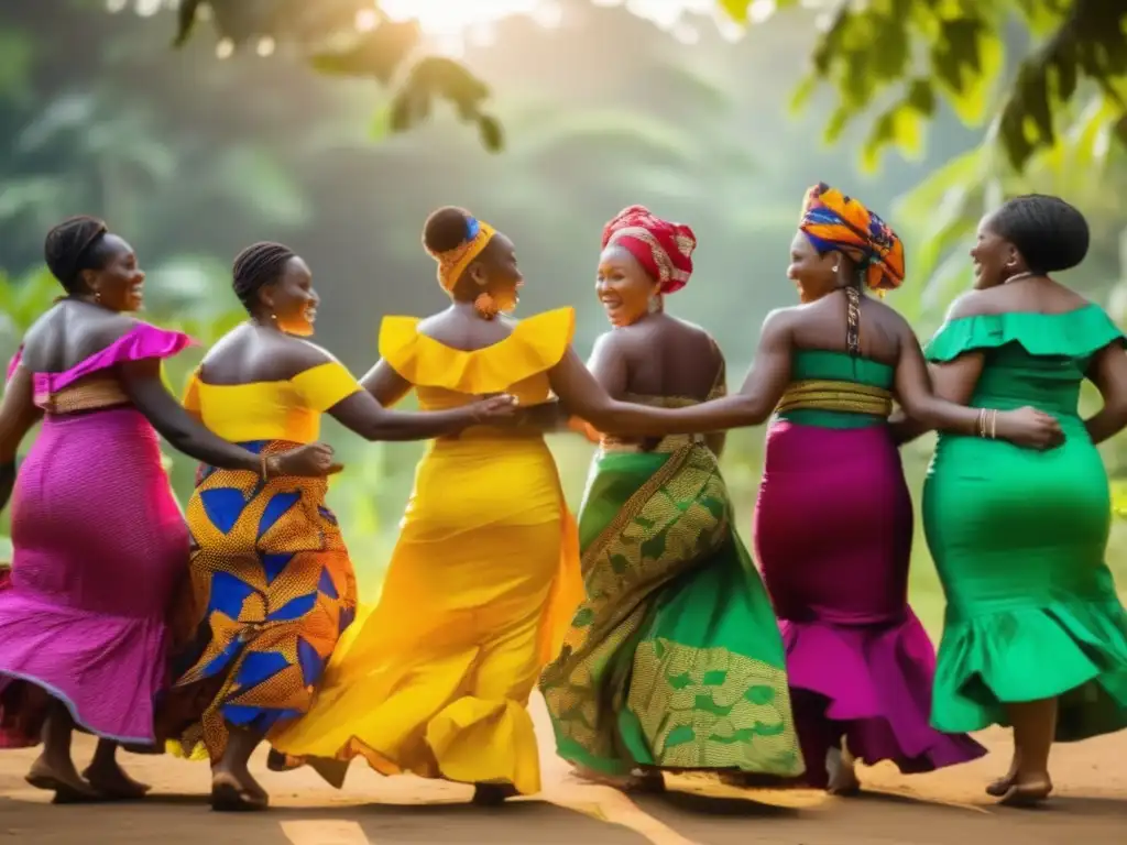 Un círculo de mujeres en trajes tradicionales de Liberia se unen, cantan y bailan en un claro soleado rodeado de árboles verdes