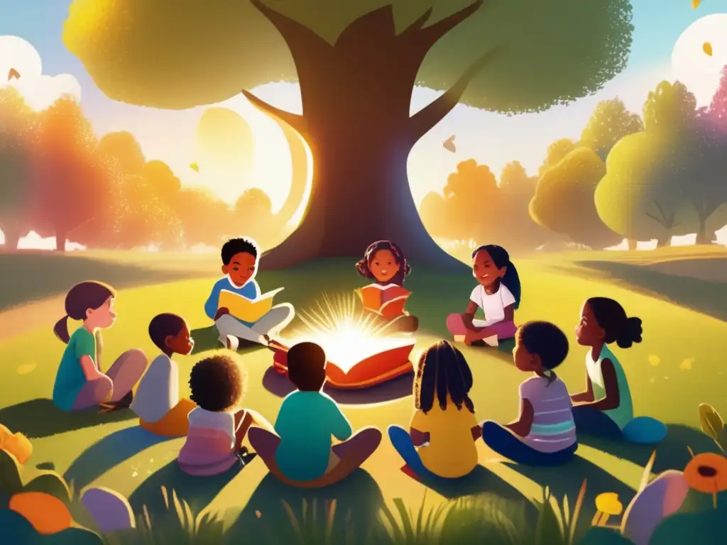 Un círculo de niños escuchando un cuento ilustrado bajo la luz del sol